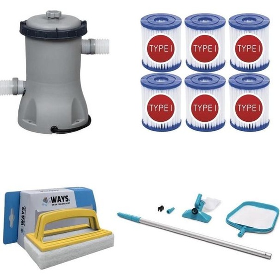 WAYS - Entretien de piscine - Kit dentretien & pompe de filtration 2006 L/h & 6 filtres type II & brosse à récurer WAYS