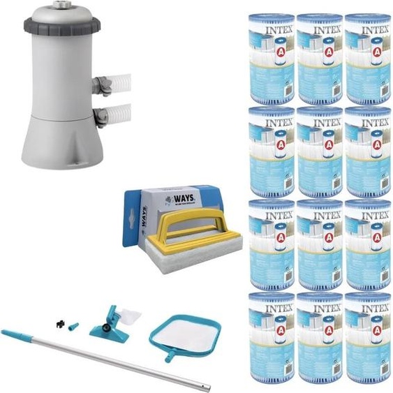 WAYS - Entretien de piscine - Kit dentretien & pompe de filtration 2271 L/u & 12 filtres type A & brosse à récurer WAYS
