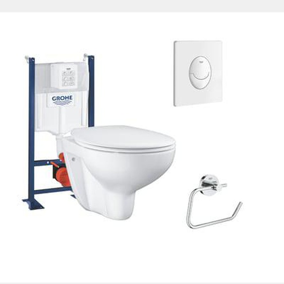 WC suspendu sans bride + abattant + Bâti support + Plaque commande blanc+ Dérouleur papier