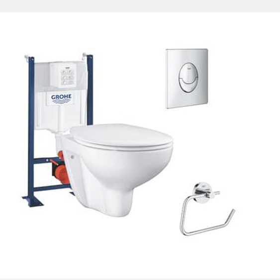 WC suspendu sans bride + abattant + Bâti support + SPlaque commande chromé+ Dérouleur papier