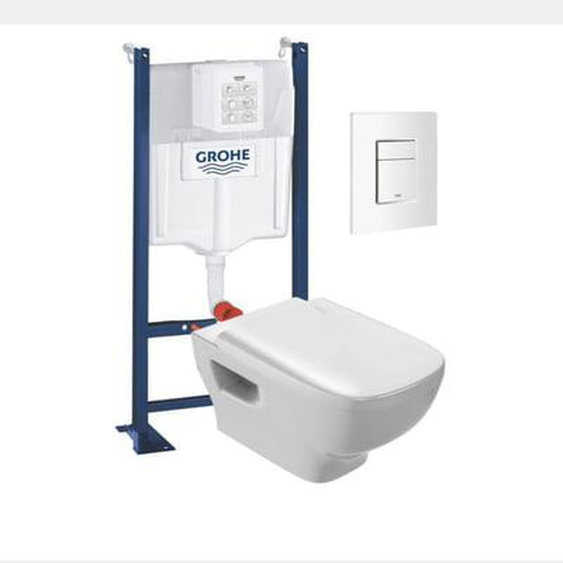 WC suspendu sans bride Jacob Delafon Struktura + abattant + Bâti support + Even Plaque de commande WC carré blanc