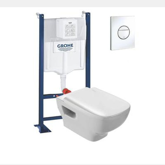 WC suspendu sans bride Jacob Delafon Struktura + abattant + Bâti support + Sail Plaque de commande WC rond blanc