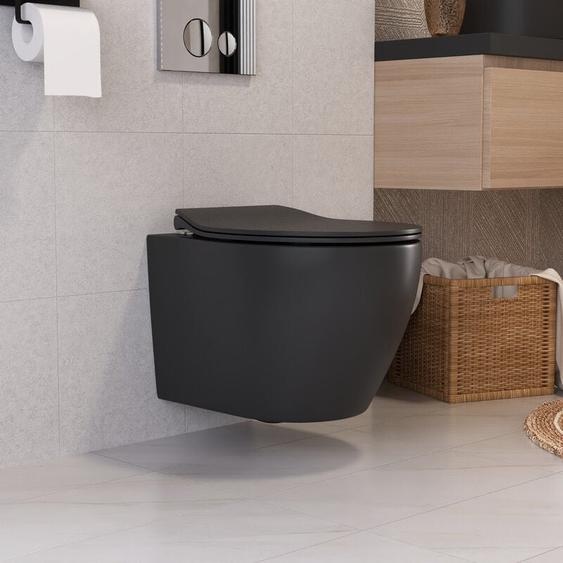 WC Suspendue Noire en Céramique de Haute Qualité avec Design Sans Rebord, Abattant Softclose Silencieux et Fermeture en Douceur au Style Moderne et