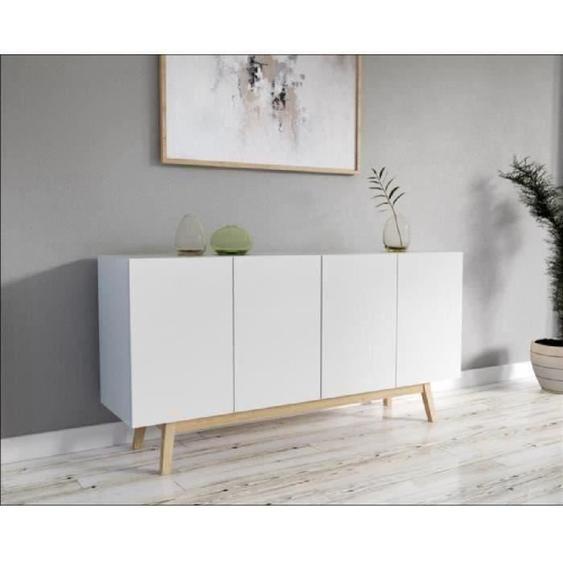 WEBER Buffet bas scandinave laqué blanc mat + piètement en bois tilleul massif - L 160 cm - HOME