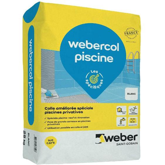 Colle spéciale piscine privative 25kg, Blanc, Webercol piscine, Mortier colle amélioré , weber