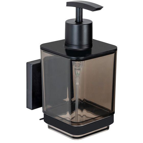 WENKO Distributeur de Savon Mural 340mL QUADRO | Fixation sans percer | Acier Inoxydable, Plastique Noir Transparent | 7,5x16x10 cm