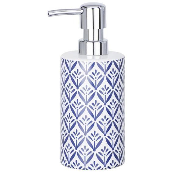 WENKO Distributeur Savon Liquide Lorca, Capacité 360 ml, céramique avec impression, 8,5x18x7 cm, bleu - blanc