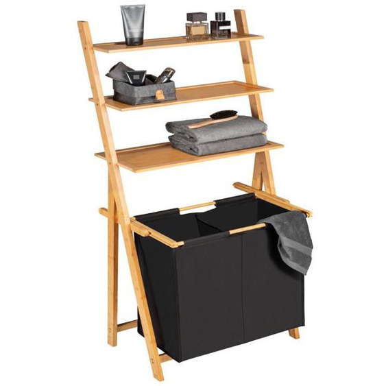WENKO Étagère Échelle Salle de Bain ECORI | Panier à Linge 2 Bacs + 3 Etagères | Bambou, MDF | Bois naturel / Noir | 57,5x152x35 cm