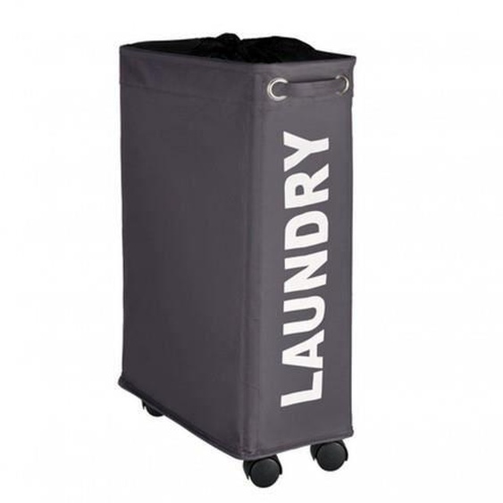 WENKO Panier à linge étroit Laundry, panier linge roulettes, Corno, Capacité 43 l, Polyester, 18.5x60x40 cm, gris