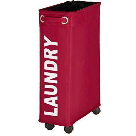 WENKO Panier à linge étroit Laundry, panier linge roulettes, Corno, Capacité 43 l, Polyester, 18.5x60x40 cm, rouge