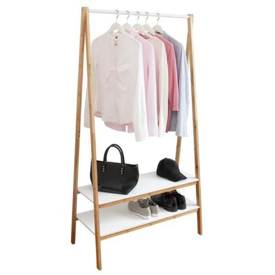 WENKO Portant à vêtements en bambou FINJA | Porte manteau sur pieds 1 tringle, 2 étagères | Entrée, Chambre | 95 x 172 x 42 cm