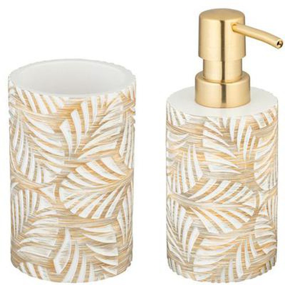 WENKO Set Accessoires Salle de Bain TERRALBA | Distributeur de Savon 490mL, Pot Brosse à Dents | Polyrésine | Blanc/Or Motif