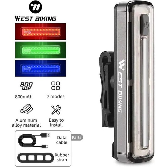WEST BIKING-enquêter arrière de vélo coloré en alliage daluminium, aste par USB, barre lumineuse LED, casque portable, accessoires de vélo