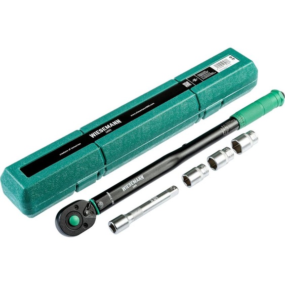 WIESEMANN 1893 Lot clé dynamométrique 1/2 avec extension et douilles 17/19/21mm à déclenchement automatique/pour vis avec un pas à droite & double échelle de graduation | en acier Q-30 | 80386