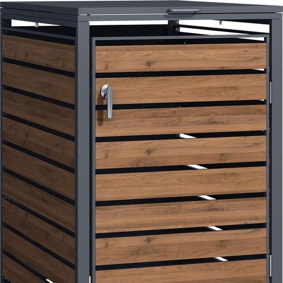 Wiltec Abri de poubelle – 730 x 980 x 1160 mm – pour une poubelle de 60 à 240 L – Design bois – en Acier – avec Couvercle à carnière – Range Coffre poubelle verrouillable