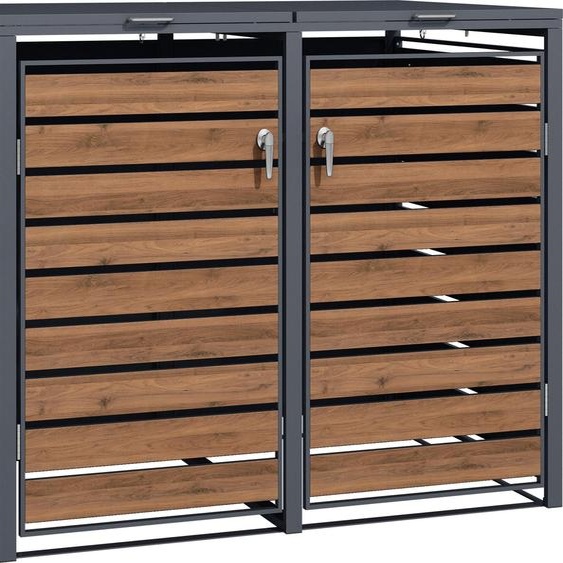 Wiltec Abri de poubelle double – 1420 x 980 x 1160 mm – pour deux poubelles de 60 à 240 L – Design bois – en Acier – avec Couvercle à carnière – Range Coffre poubelle verrouillable
