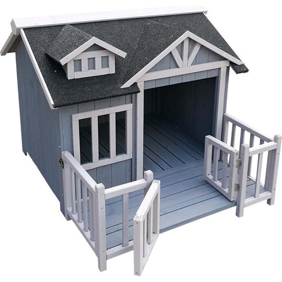 Wiltec Niche de chien Maison de luxe XL – Couleur grise – 935 x 1050 x 775 mm – en Bois de sapin – avec Toit bitumé et véranda – pour Balcon Jardin Terrasse