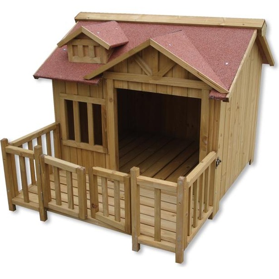 Wiltec Niche de chien Maison de luxe XL – Couleur marron – 935 x 1050 x 775 mm – en Bois de sapin – avec Toit bitumé et véranda – pour Balcon Jardin Terrasse