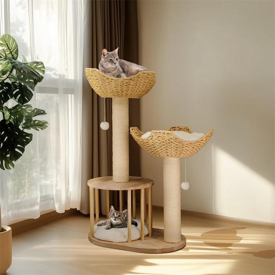 WISFOR Arbre à chat Arbre à chat 99cm Arbre à grimper avec cavités pour chats et panier pour chats, 60x40x99cm