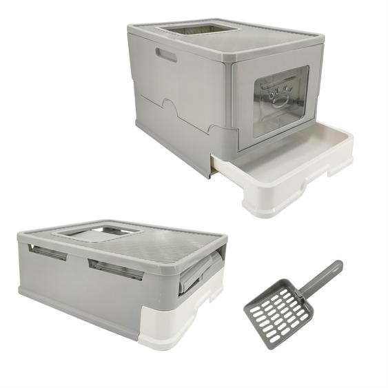 WISFOR Bac à litière avec couvercle, bac à litière extensible, WC pour chats pliable gris design moderne