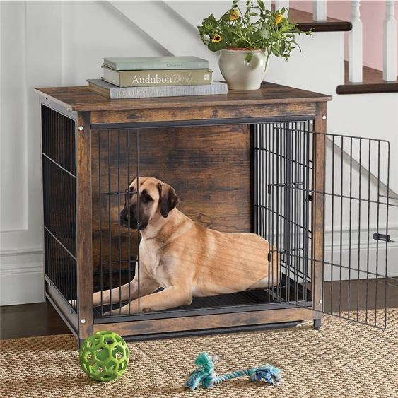 WISFOR Cage de luxe pour chiens en bois massif et métal, box pour chiens avec bac de fond amovible et 2 portes, cage de transport cage métallique, 63x51x59cm