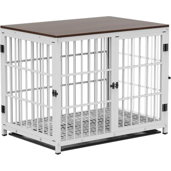 WISFOR Cage pour chien avec 3 portes, Box pour chien Maison pour chien avec surface de table, Box de transport Cage en fil métallique, Caisse pour chien Table dappoint, L : 91.5x63.5x74.5cm, blanc