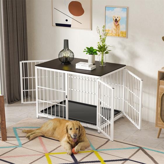 WISFOR Cage pour chien avec 3 portes, Box pour chien Maison pour chien avec surface de table, Box de transport Cage en fil métallique, Caisse pour chien Table dappoint, XL : 107.5x71.5x81cm, blanc