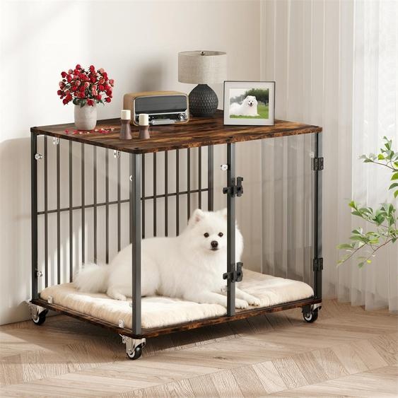 WISFOR Cage pour chien pour la maison, cage de transport avec roues portes verrouillables, box pour chien maison pour chien avec surface de table, box de transport, 77 x 60 x 65 cm