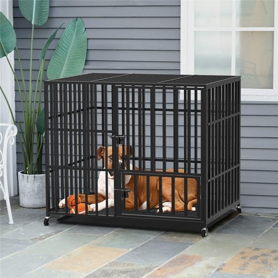 WISFOR EXTRA GROS Cage pour chien avec 3 portes roulantes Cage pour chien avec plateau de fond Cage en fil métallique Cage de transport pour chien Caisse grillagée, 117x84x96.5cm
