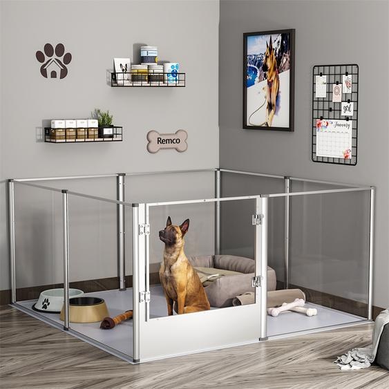 WISFOR Parc pour chiots 132x132x80.5cm, DIY Parc pour chiots 8 pièces en acrylique, enclos avec porte, barrière pour chiots Parc pour animaux