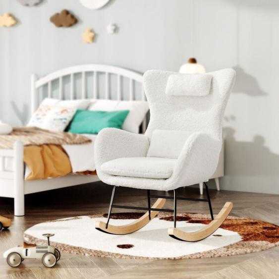 Rocking chair Fauteuil à bascule avec dossier haut, appui-tête et coussin lombaire peluche teddy, charge jusquà 160 kg, blanc