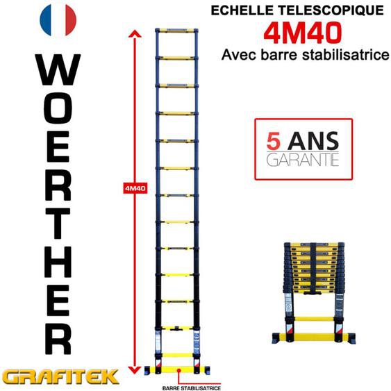 Woerther - Echelle télescopique 4m40 avec barre stabilisatrice - Charge maximal 150Kg - Garantie 5 ans
