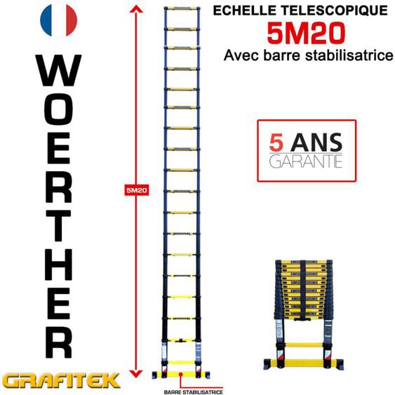Woerther - Echelle télescopique 5m20 avec barre stabilisatrice - Charge maximal 150Kg - Garantie 5 ans