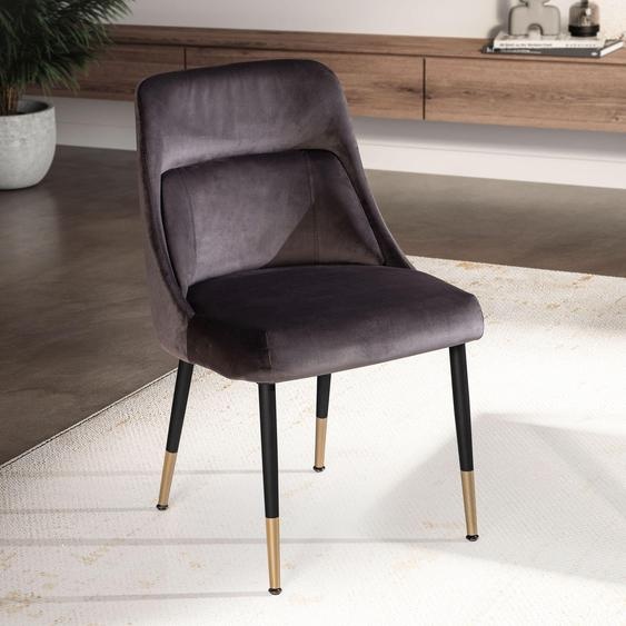WOHNLING Chaise de salle à manger en velours Gris Chaise de cuisine avec pieds noirs Chaise à coque Moderne Chaise rembourrée avec revêtement en tissu Chaise Rembourrée avec intégré