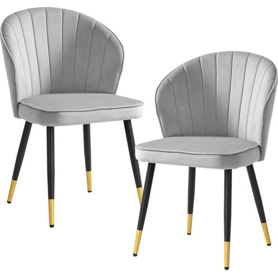 WOHNLING Chaise de salle à manger set de 2 velours gris Chaise de cuisine avec pieds métalliques Chaise à coque Chaise scandinave rembourrée avec revêtement en tissu Chaise Rembourrée