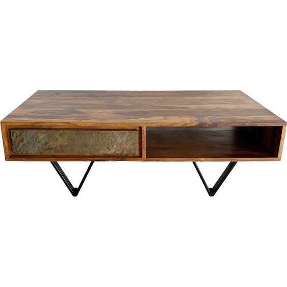 WOHNLING Table basse en bois massif de sheesham 115 cm Table basse avec 2 tiroirs et compartiment de rangement Façade aspect pierre Structure métallique noire Design industriel