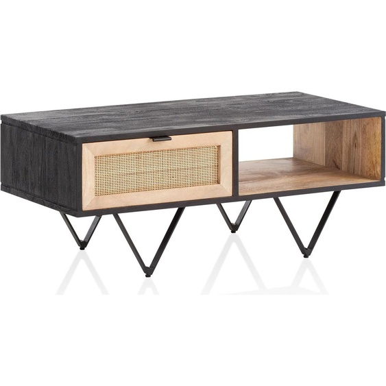 WOHNLING Table basse Table de salon Bois massif Rotin 90x45x37cm Table de salon Table