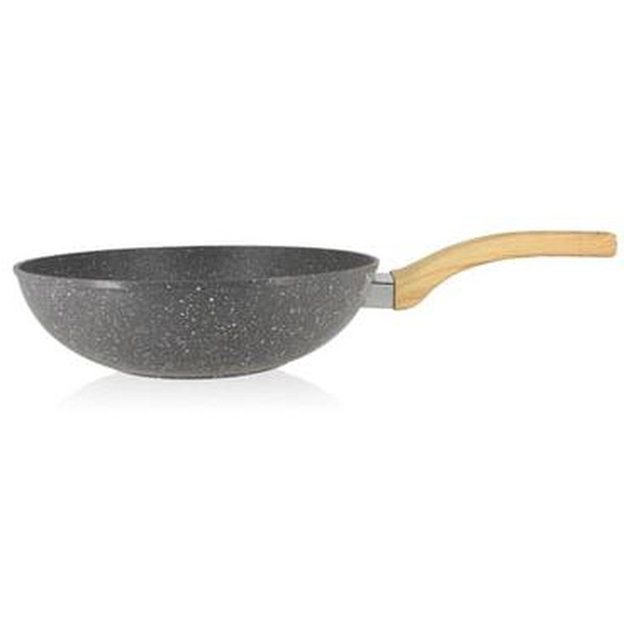 Wok cannelle 28 cm avec poignees en bois clair