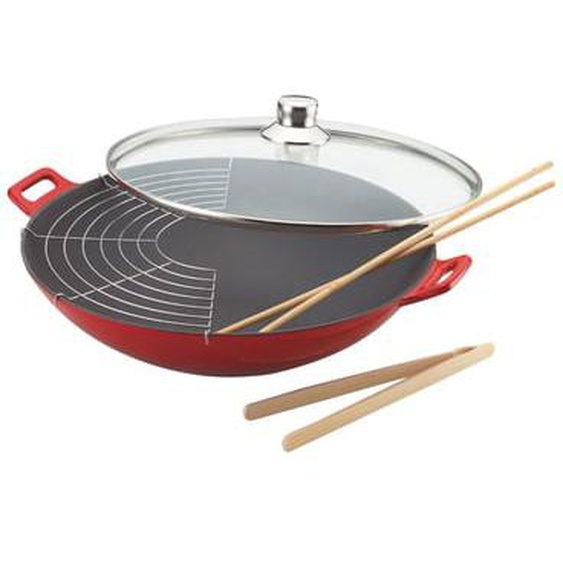Wok fonte  36 cm avec couvercle en verre