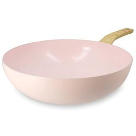 Wok rose 28cm en aluminium induction poignee effet bois