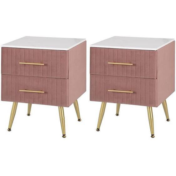 WOLTU Lot de 2 Table de Chevet avec 2 Tiroirs en Velours Table de Nuit en MDF Meuble pour Chambre Pieds doré, 40,5x41x51cm,Rose