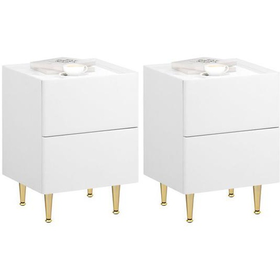WOLTU Lot de 2 Table de Chevet avec 2 Tiroirs, Table dAppoint Moderne 35x40x51cm, Montage Facile, Blanc+Doré W0ETT0149-2