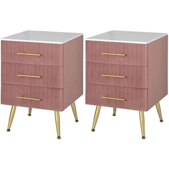 WOLTU Lot de 2 Table de Chevet en Velours - Table de Nuit avec 3 Tiroirs - 40,5x41x62cm - Rose