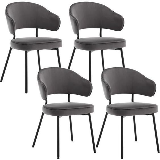 WOLTU Lot de 4 Chaises Salle à Manger avec Dossier, Chaise de Cuisine Scandinave Velours, Pieds en Métal, Gris foncé W0ATT0080-4