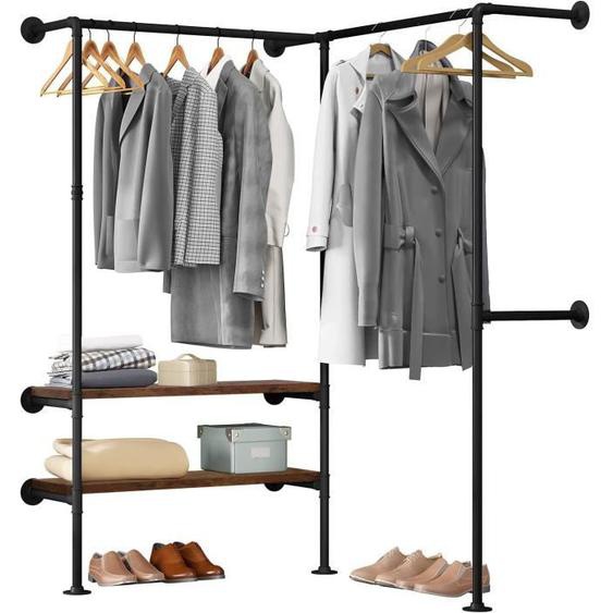 WOLTU Portant à Vêtements Mural, Porte-Manteau en Tubes dAcier et 2 Étagères, Style Industriel, Noir+Chêne Foncé, SRY43shei