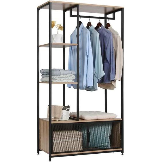 WOLTU Portemanteau avec Compartiment de Rangement, Portant à Vêtements, en Bois et Métal, Chêne Clair
