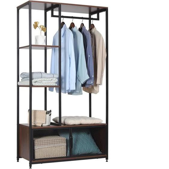 WOLTU Portemanteau avec Compartiment de Rangement, Portant à Vêtements, en Bois et Métal, Hêtre Foncé