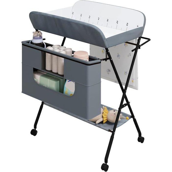 WOLTU Table à Langer Pliable et Portable, avec roulettes et Panier, Hauteur Réglable, Cadre Métallique, Tissu Oxford, Gris