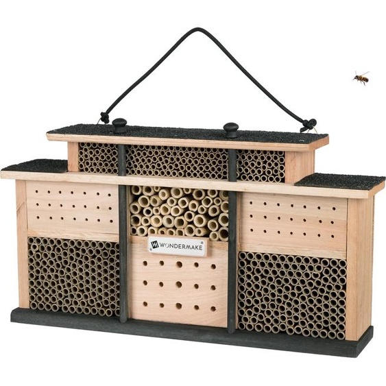 WONDERMAKE® Hôtel à insectes design en bois, grand hôtel à abeilles suspendu, aide à la nidification pour les abeilles sauvages, marron noir