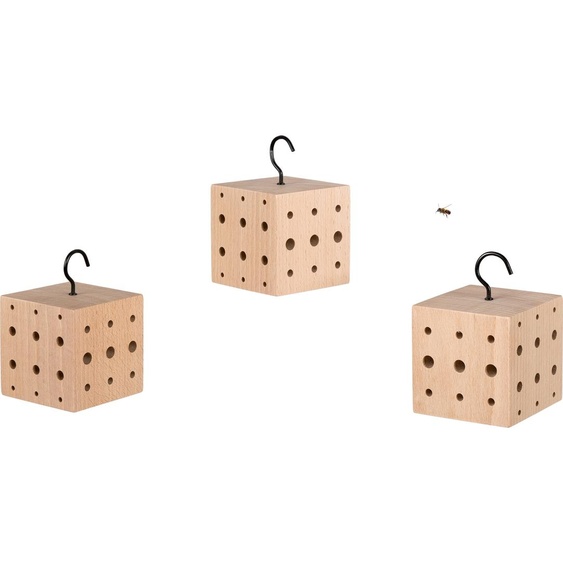 WONDERMAKE® Set de 3 : Hôtel pour insectes design petit, cube en bois de hêtre avec 3x42 emplacements pour nids, hôtel pour abeilles suspendu aide à la nidification pour abeilles sauvages, brun noir